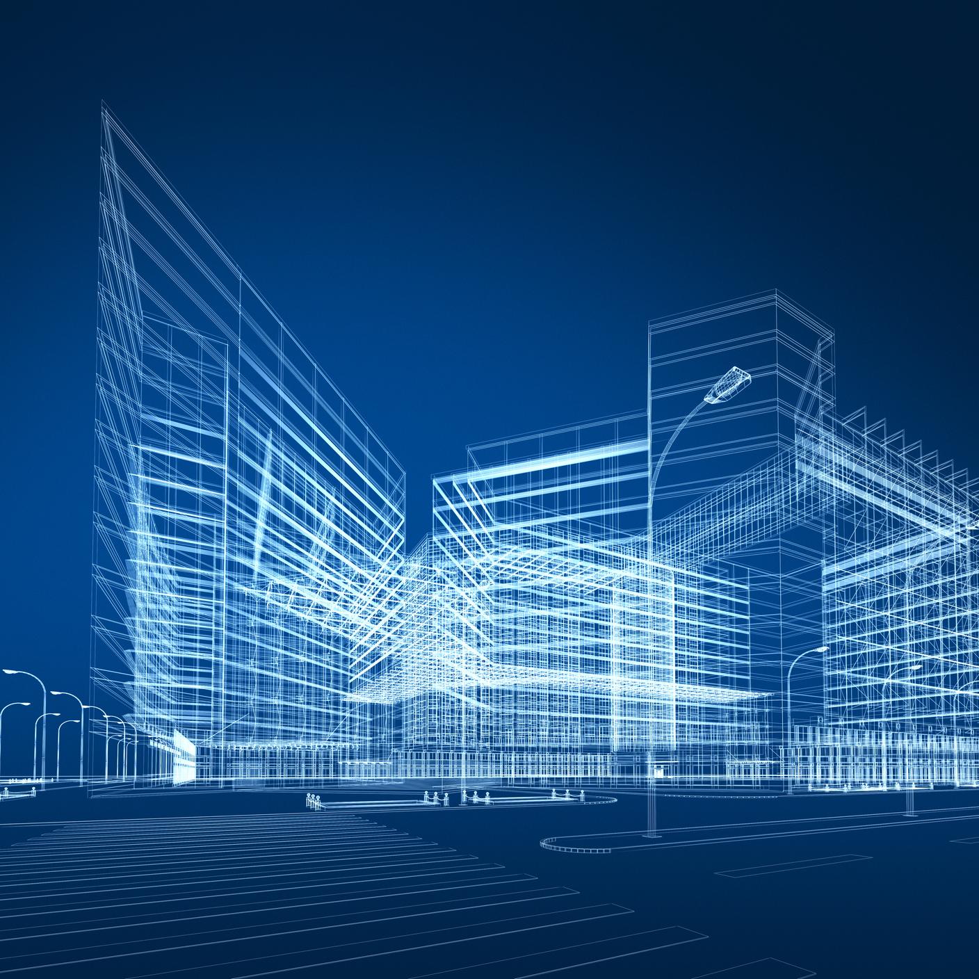 A digital representation of a building. It is blue and white, and composed of white lines.